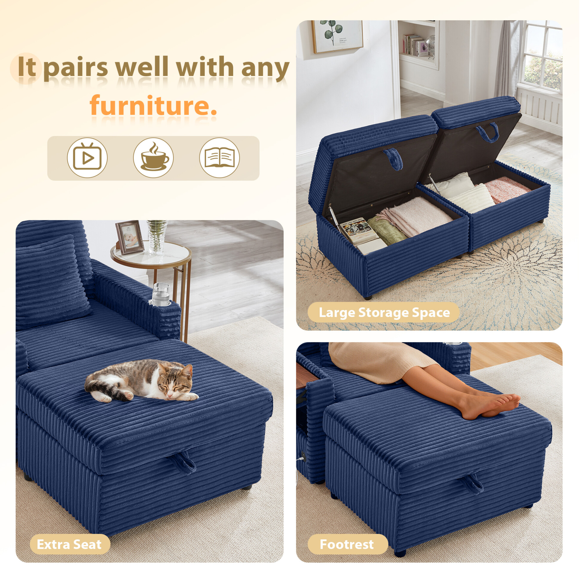 68" Double Chaise Lounges Indoor, Chenille Upholstered Loveseat Sofa Bed with Charging Station, Hidden Table Armrests and Storage Ottomans for Living Room, Blue