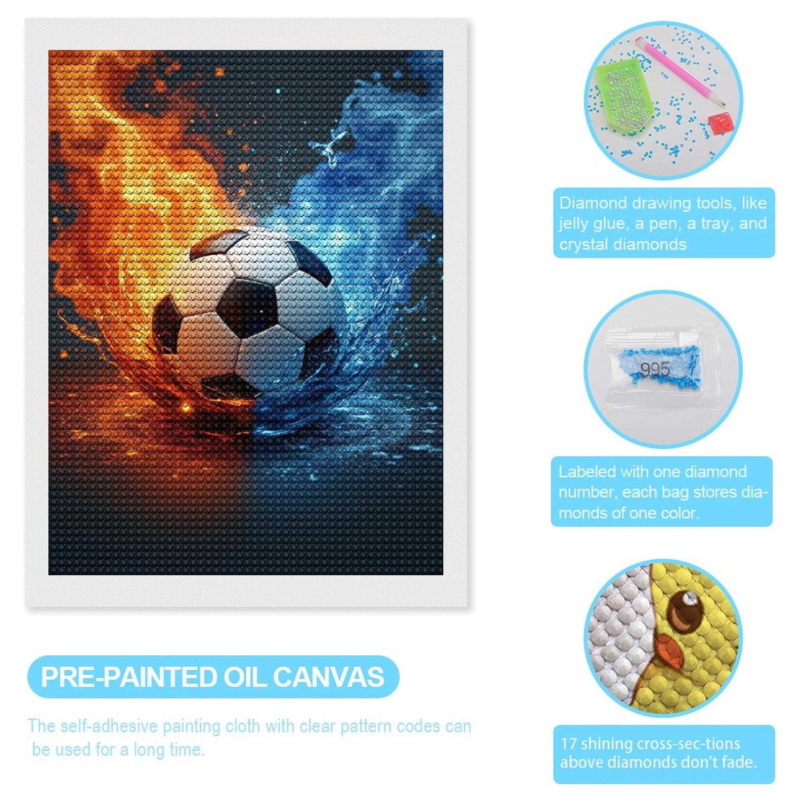 Diamond Art Kits for Adults, Soccer Ball Fire Water Elements 5D Diamond Painting Kits for Adults Beginners, DIY Full Drill Diamond Painting, Gem Art and Crafts 12x16