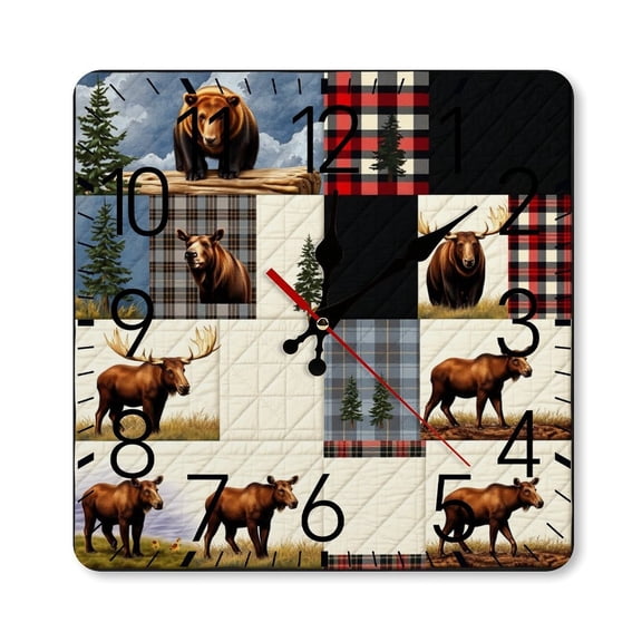 RKSupls 10×10inch Square Silent Wall Clock Wooden Frame, Wildlife Patchwork Plaid Scale Decorative Clock for Home Bedroom Living Room Office