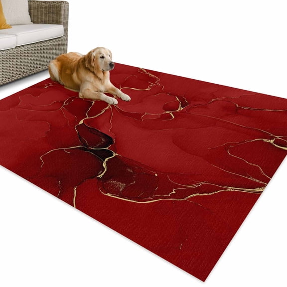 Outdoor Rug 5x8 ft Red WatercolorTextured Waterproof Outdoor Patio Rug Mat Non Slip Outside Area Rugs Carpet for RV,Camping,Porch,Deck,Pool,Balconybackyard,Abstract Gold Fluid Line Minimalist