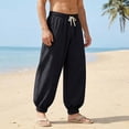 thumbnail image 2 of BVnarty Men's Solid Linen Beach Jogger Pants Loose Drawstring Elastic Waist Casual Long Trousers with Pockets for Vacation Outdoor Black M, 2 of 9