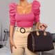thumbnail image 5 of Camiseta informal de manga abombada con cuello redondo para mujer, camiseta ajustada acanalada de Color puro, Top rosa rojo XL, 5 of 7