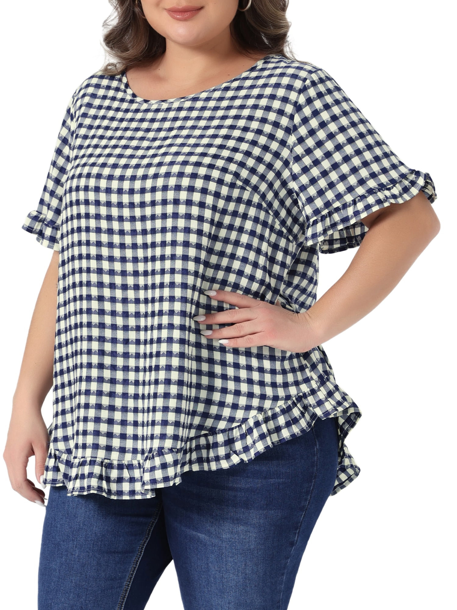 DARING DIVA Women's Plus Gingham 1950s Plaid Round Neck Tops 2X Navy Blue