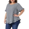 thumbnail image 2 of DARING DIVA Women's Plus Gingham 1950s Plaid Round Neck Tops 1X Navy Blue, 2 of 6