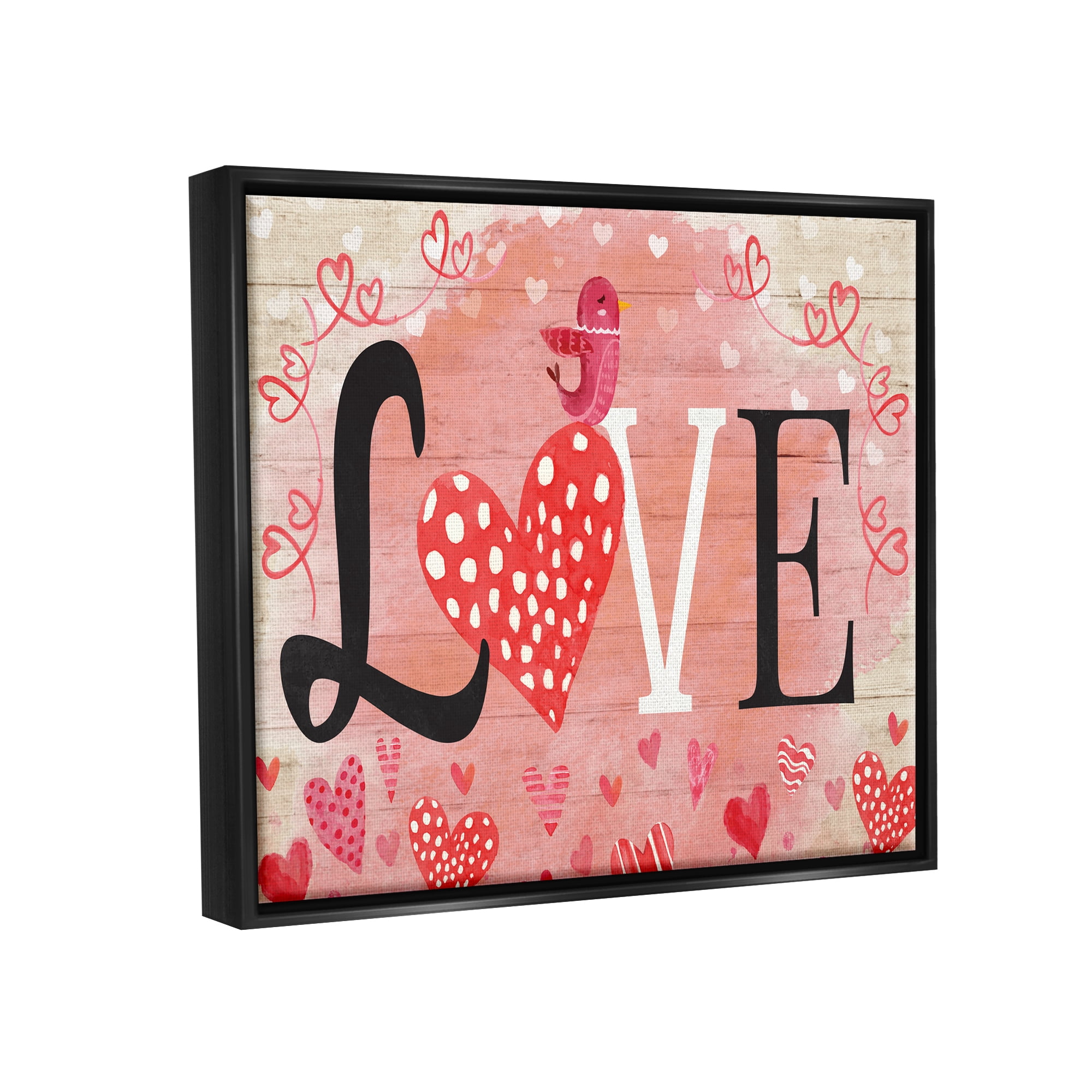 Stupell Romantic Love Patterned Hearts Bird Holiday Painting Black Floater Framed Art Print Wall Art