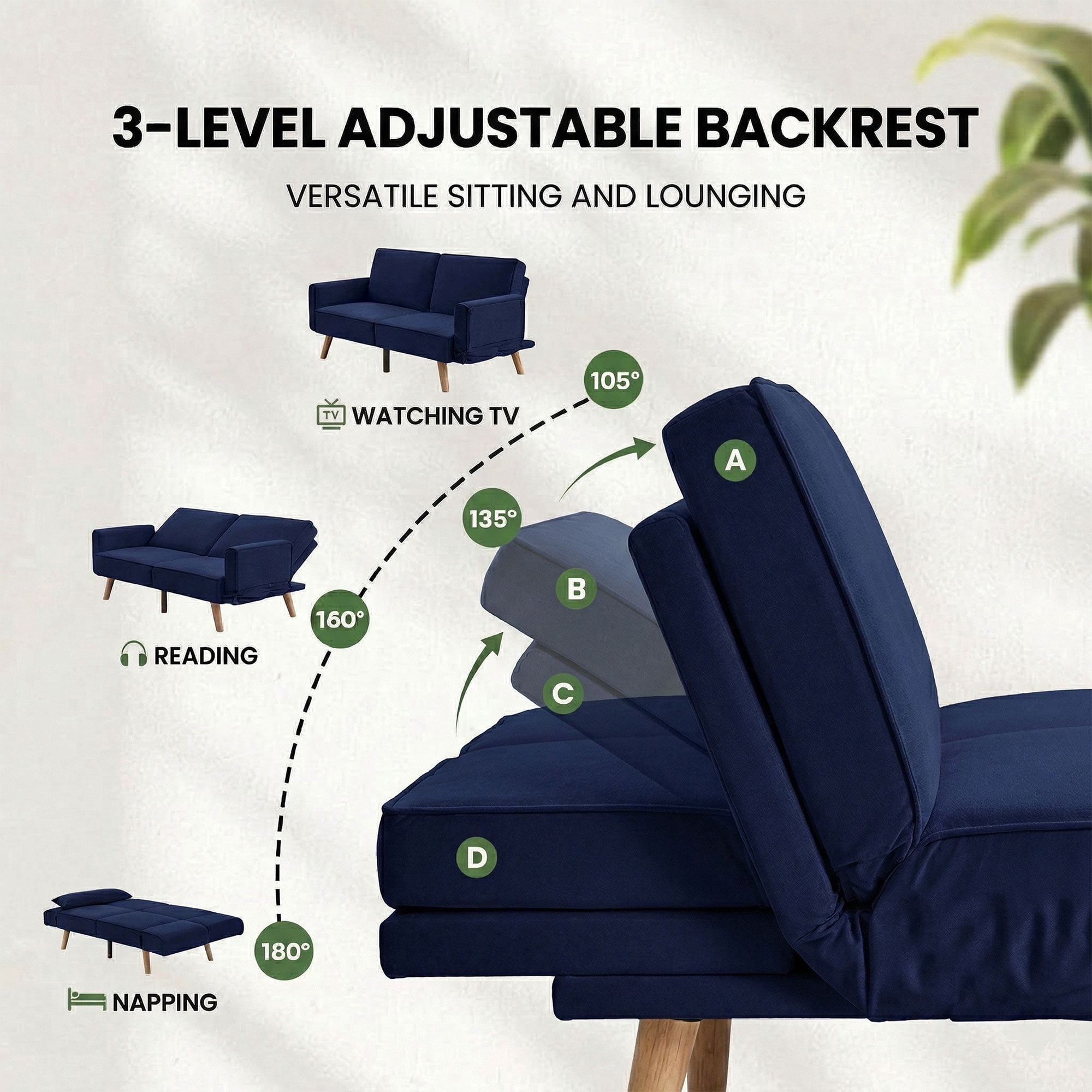 CARZZI LIFE Futon Sofa Bed, Sleeper Sofa, Small Velvet Couch with 5 Adjustable Armrests 3 Splitback Settings 600 LBS Capacity Easy Assembly for Living Rooms Apartments Guest Rooms, Navy Blue