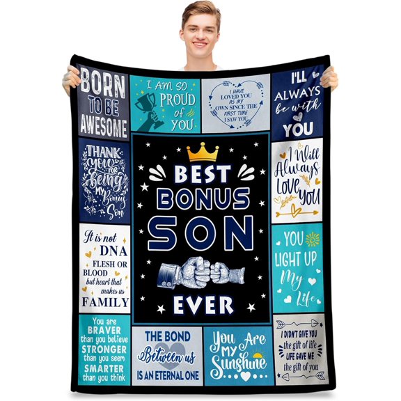 Bonus Son Fathers Day Blanket Gifts, Bonus Son Gifts from Stepmom Stepdad, Best Christmas Birthday Gifts for Bonus Son, to My Step Son Gifts Ideas, Graduation Gift for Stepson Blanket 50"x60"