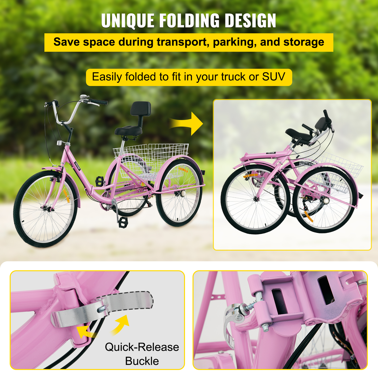 VEVOR Foldable Adult Tricycle 24 Wheels,7-Speed Trike, 3 Wheels Colorful Bike with Basket, Portable and Foldable Bicycle for Adults Exercise Shopping Picnic Outdoor Activities,Pink - image 4 of 9