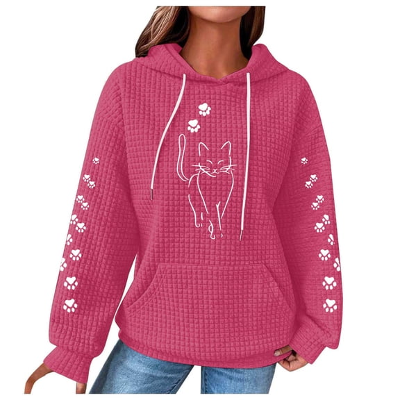 Sweatshirts for Women Trendy Camo Fall Loose Fit Hooded Long-sleeved Kimono Off the Shoulder Hoody Footprint Print Leisure Cotton Sweatshirt Hoodie(Hot Pink,S)