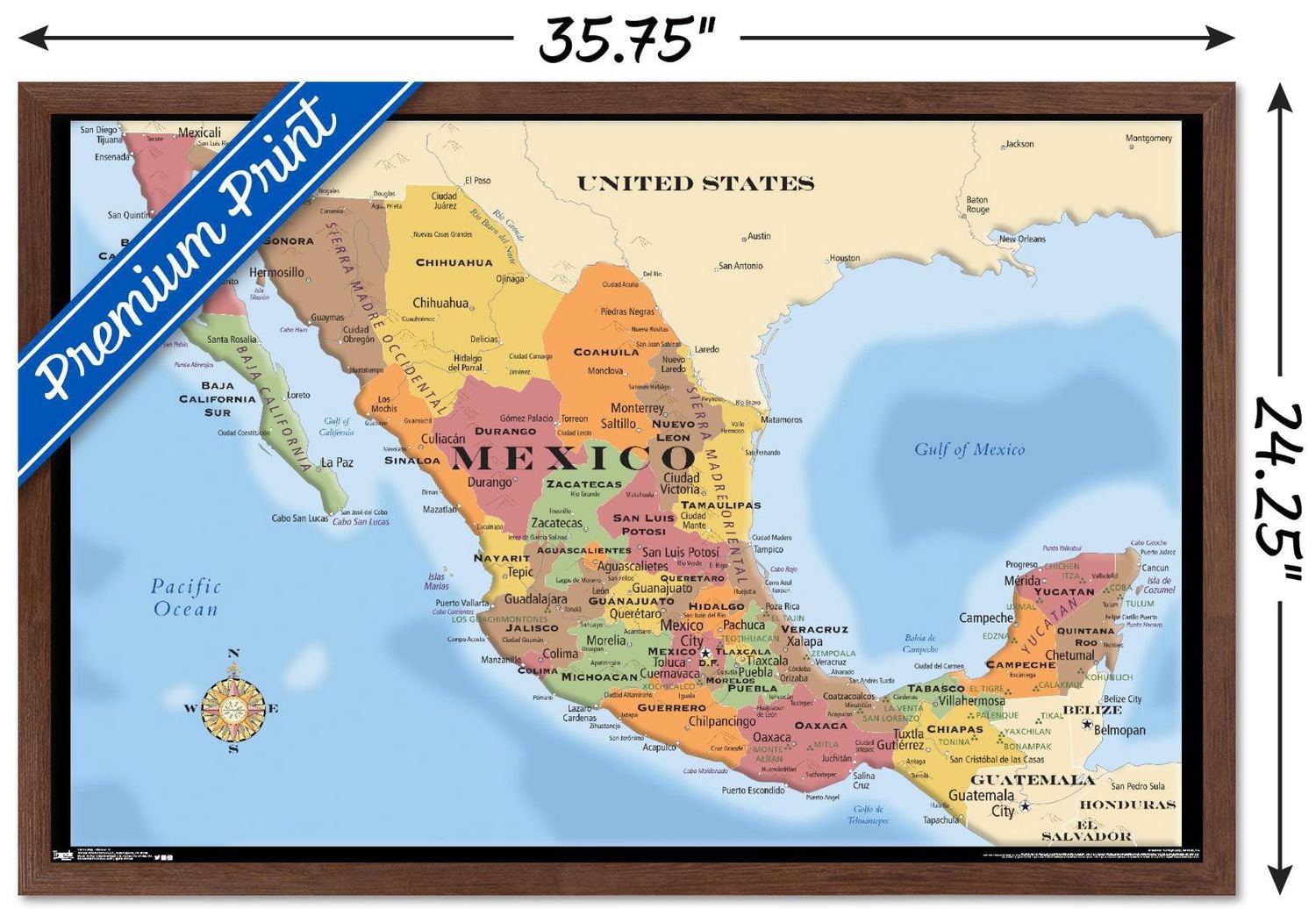 Map - Mexico Wall Poster, 22.375" x 34" Framed