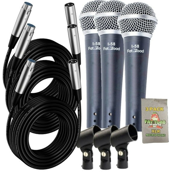 Dynamic Vocal Microphones with XLR Mic Cables & Clips (3 Pack) by Fat Toad Cardioid Handheld, Unidirectional for Home Music Studio Recording, Live Stage Singing, DJ Karaoke Pro Audio 20ft Mic Cord