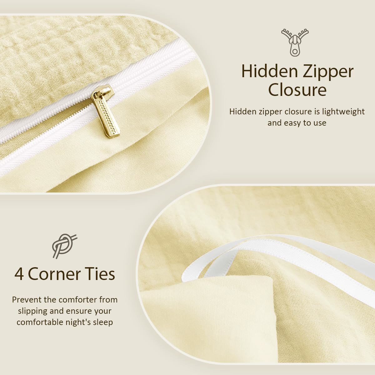 Muslin Duvet Cover Set 100% Cotton King Size Double Layer Linen Like Gauze Comforter Cover Cream