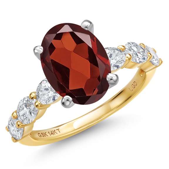 Gem Stone King 14K Two Tone Gold Red Garnet and Lab Grown Diamond Engagement Ring for Women | 4.55 Cttw | Oval 11X9MM | Gemstone January Birthstone | Size 8