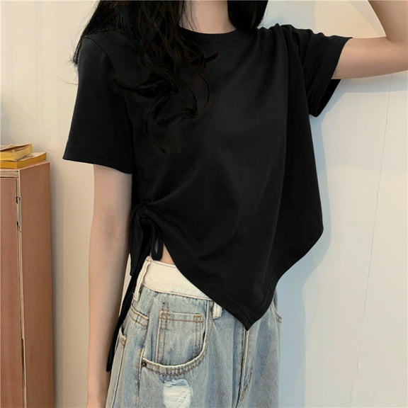 Womens Tops Plus Size Short-sleeved Drawstring Round-neck Solid-color Casual T-shirt Black XL