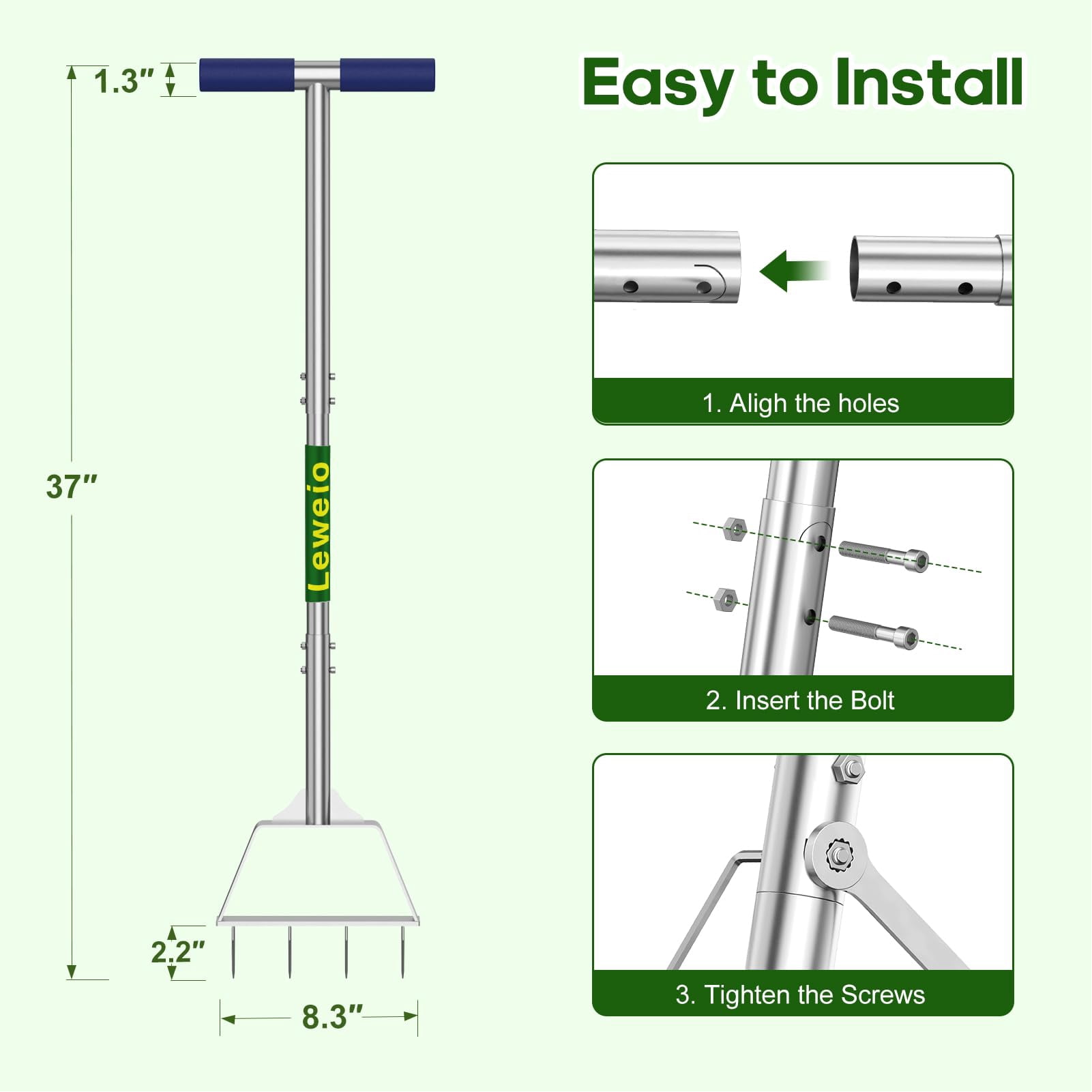 Manual Lawn Aerator Spike Tool  Semi-assembled Non-clogging With 4 Steel Spikes Handle & Reinforced Welding For Compacted Soil Loosening Yard Aeration - Green