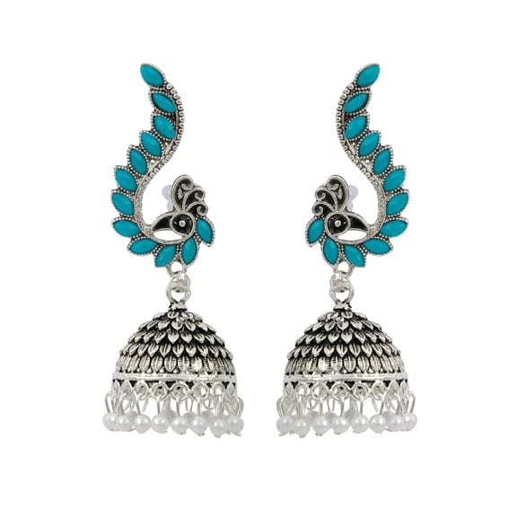 Crunchy Fashion Bollywood Jewelry Traditional Ethnic Bridal Bride Wedding Bridesmaid Indian Oxidised German Silver Meenakari Peacock Jhumka Earring Set For Women
