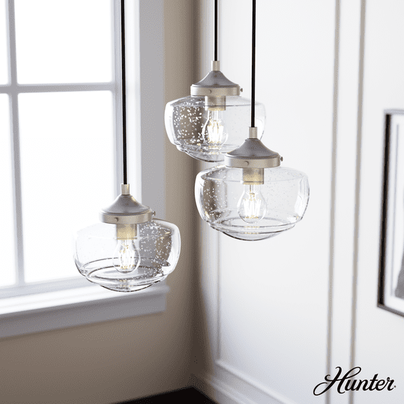 Hunter - Saddle Creek 3-light Brushed Nickel, Medium Size Cluster Light, Dimmable, Schoolhouse Style, Round Shaped, for Bedrooms, Kitchens, Dining, Living Rooms - 19501