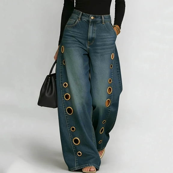 WAGUTH Women's Denim Pants High Waist Wide Leg Casual Loose Jeans with Metal Eyelet Cutouts for Streetwear