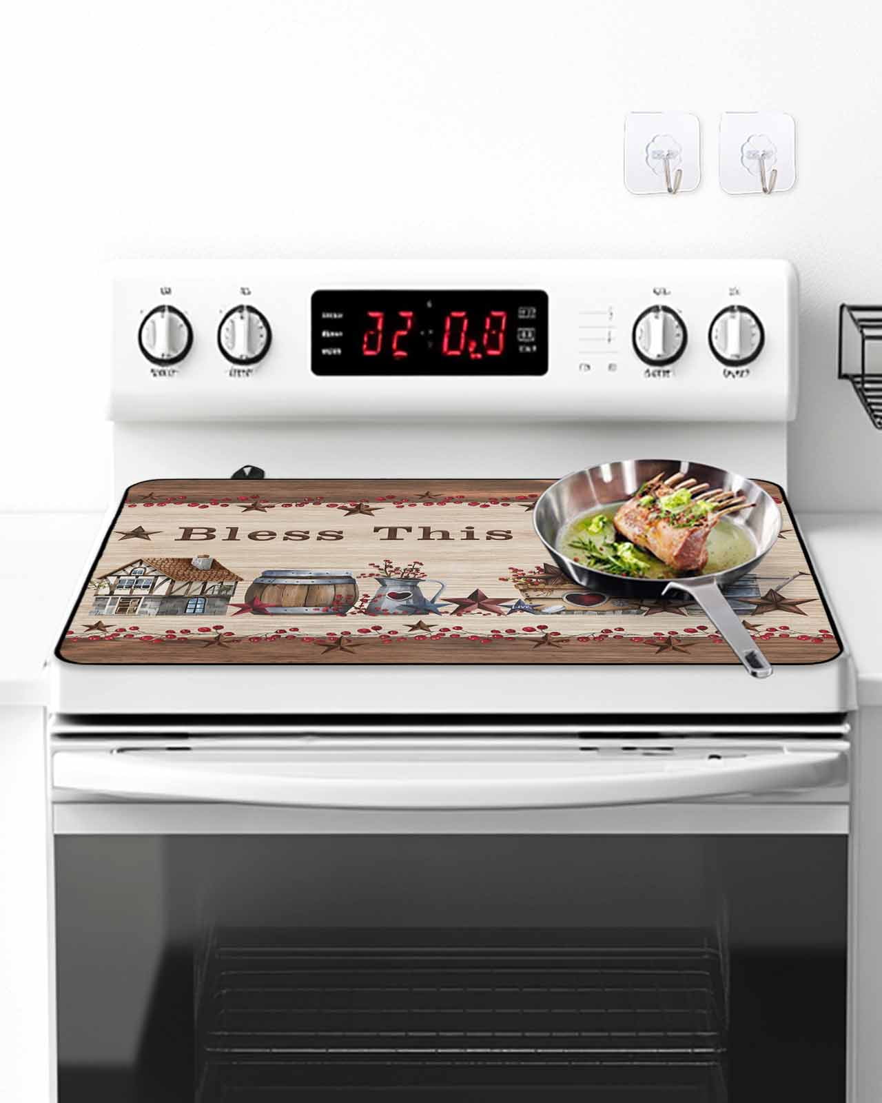 Stove Top Covers for Electric Stove, Farmhouse Glass Stovetop Cover Protector, Brown Country Star Berry Vintage Wood Grain Induction Cooktop Protector Oven Mat for Kitchen Countertop 24"x21"