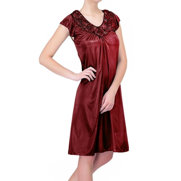 Ezi Ezi Womens Plus Satin Silk Roses Short Sleeve Knee Length Nightgown 