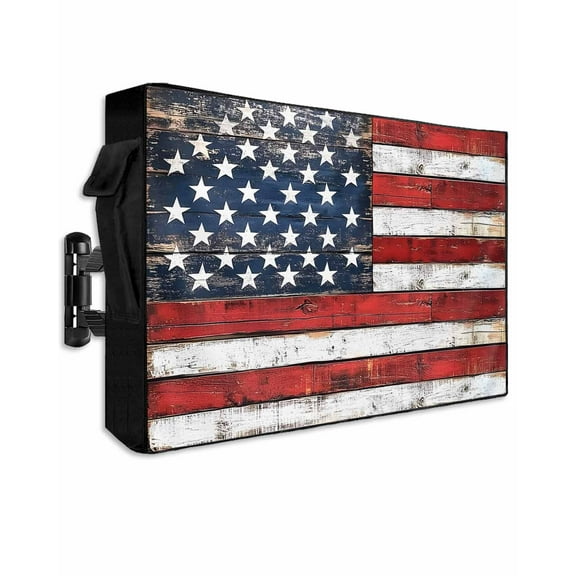 Vintage American Flag Outdoor TV Cover 52 to 55 Inch Weatherproof, Country Wooden USA Flag 600D Oxford TV Covers with Waterproof Zipper, Outside Flat TV Screen Protector Size 52"W x 19"H x 4.5"D