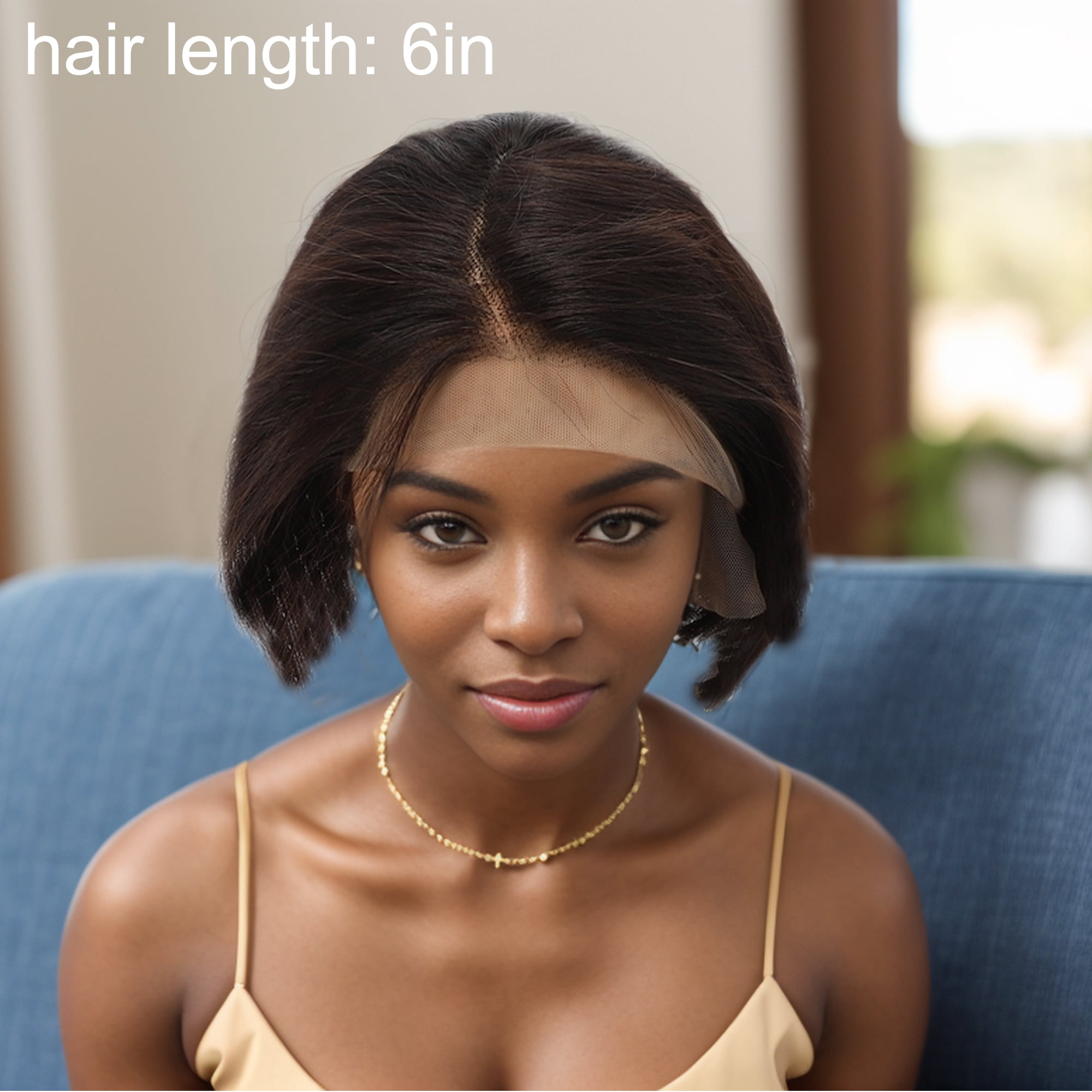 Unique Bargains Straight Short Hair Hair Wig Real Human Hair 6in 13x4x1in 150 Human Wig Black for Women