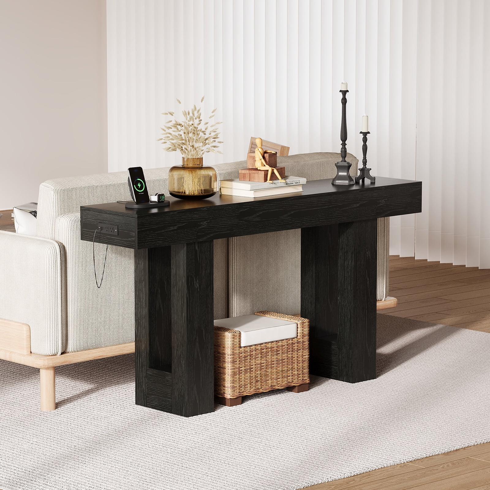 63 Inch Console Table with Power Outlet, Extra Long Sofa Table Behind Couch with USB & Type c Ports, Narrow Entryway Table for Hallway, Entrance, Living Room, 33.3" High