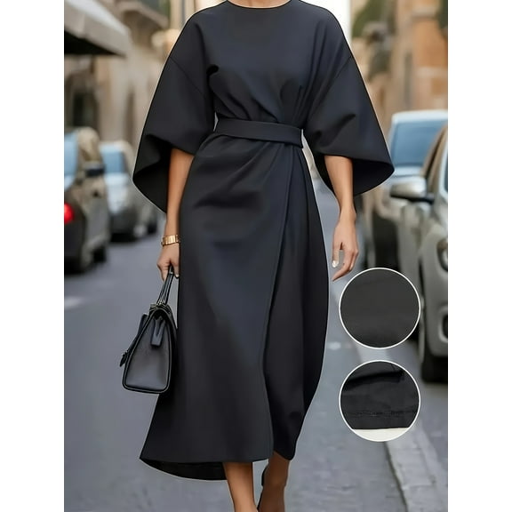 Plus Size Women's Elegant Black Maxi Dress Flared Hem and Waist Belt Formal Attire
