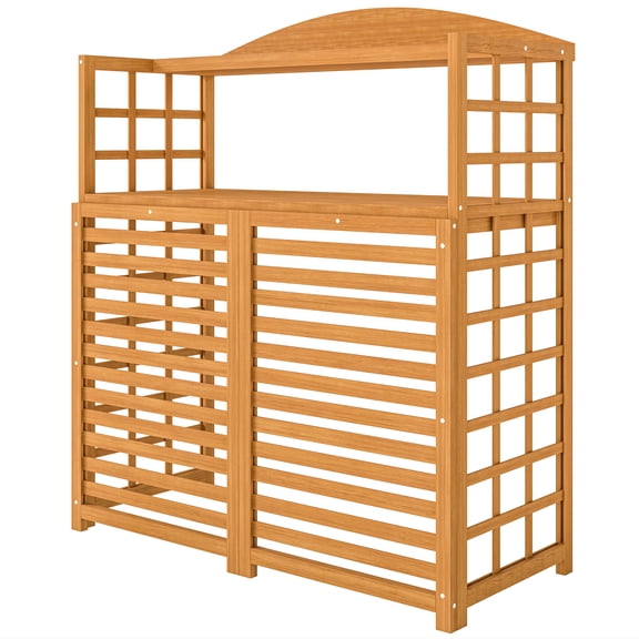 Homiyad Outdoor Air Conditioner Fence Privacy Screen, Wood AC Fence Potting Table with Shelves for Patio, Light Brown