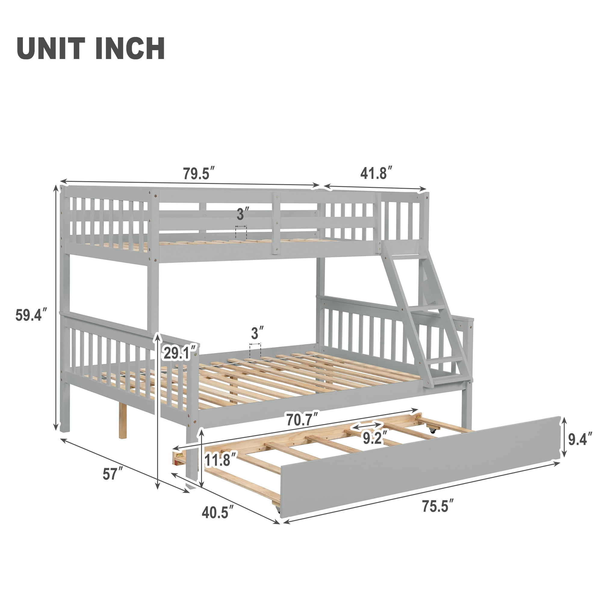 Kepooman Twin Over Full Bedroom Wooden Bunk Beds with Trundle & Safety Rail for Kids Teens, Grey Kepooman Twin Over Full Bedroom Wooden Bunk Beds with Trundle & Safety Rail for Kids Teens, Grey
