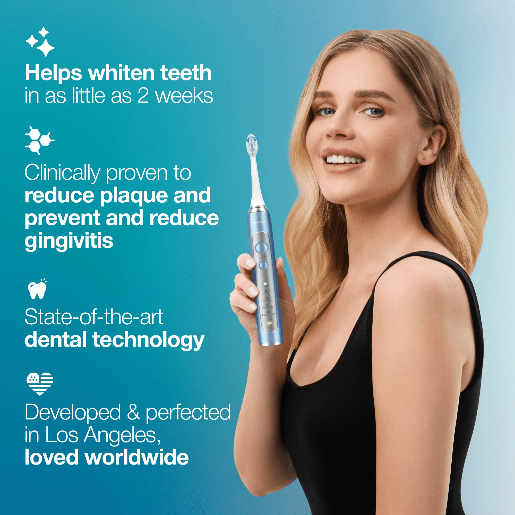 AquaSonic Precision Rechargeable Electric Toothbrush, 5 Modes, 30-Day Battery, Travel Case + 4 ProFlex Brush Heads - Blue