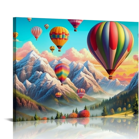 COMIO Colorful Hot Air Balloon Landscape Canvas Wall Art - Mountain View Painting Artwork Prints - Colorful Art Painting Poster Cool Wall Decoration For Living Room Bedroom