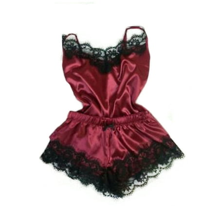 

Women Satin Lace Sleepwear Babydoll Lingerie Nightdress Pajamas 2pcs Set