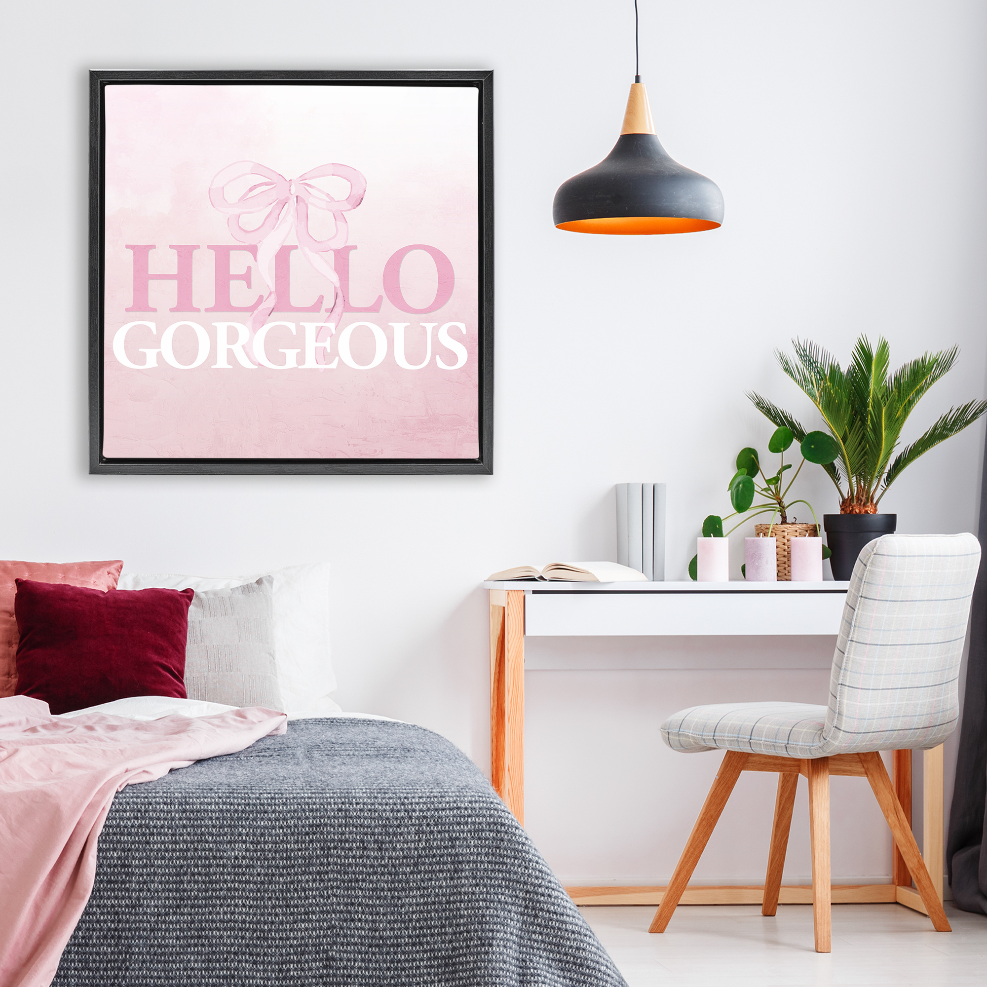 Feminine Hello Gorgeous Black Framed Floater Canvas Wall Art, design by Kim Allen