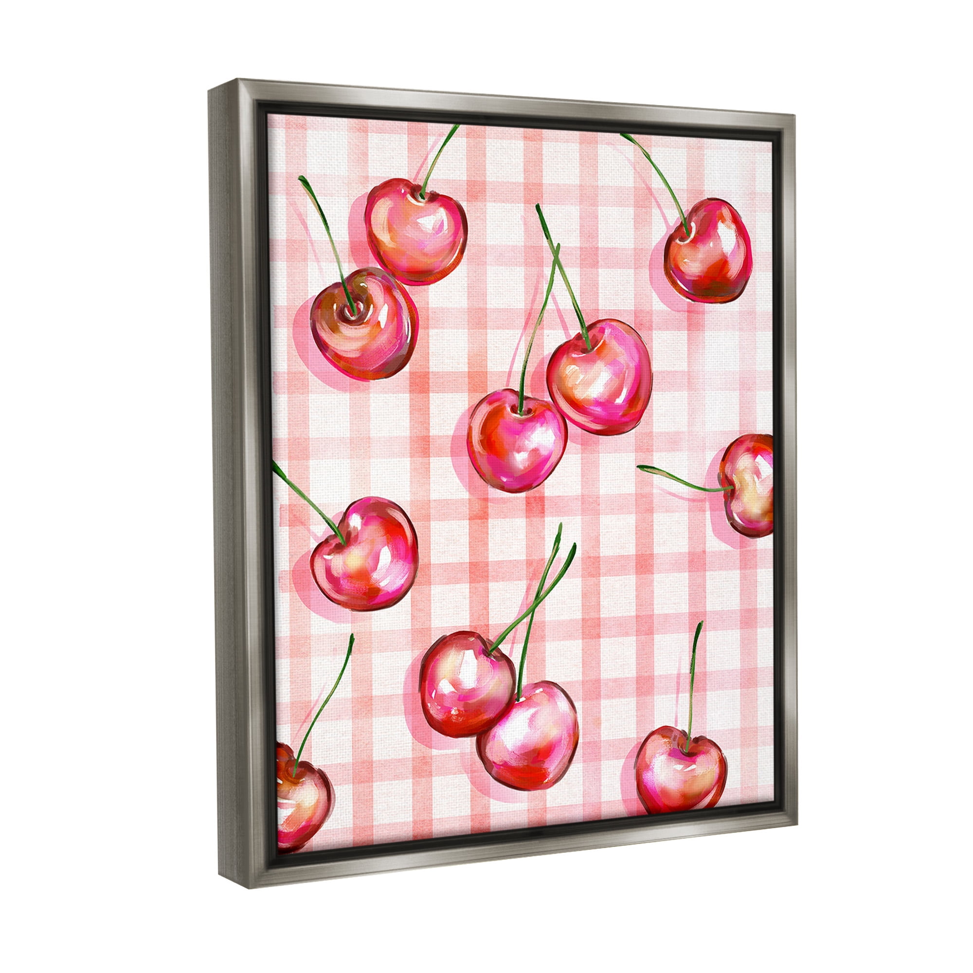 Stupell Industries Gingham Pattern Cherries Food & Beverage Painting Gray Floater Framed Canvas Art Print Wall Art, 17 x 21