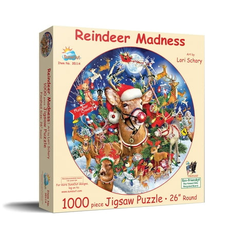 SUNSOUT INC - Reindeer Madness - 1000 pc Round Jigsaw Puzzle by Artist: Lori Schory - Finished Size 26" rd Christmas - MPN# 35114