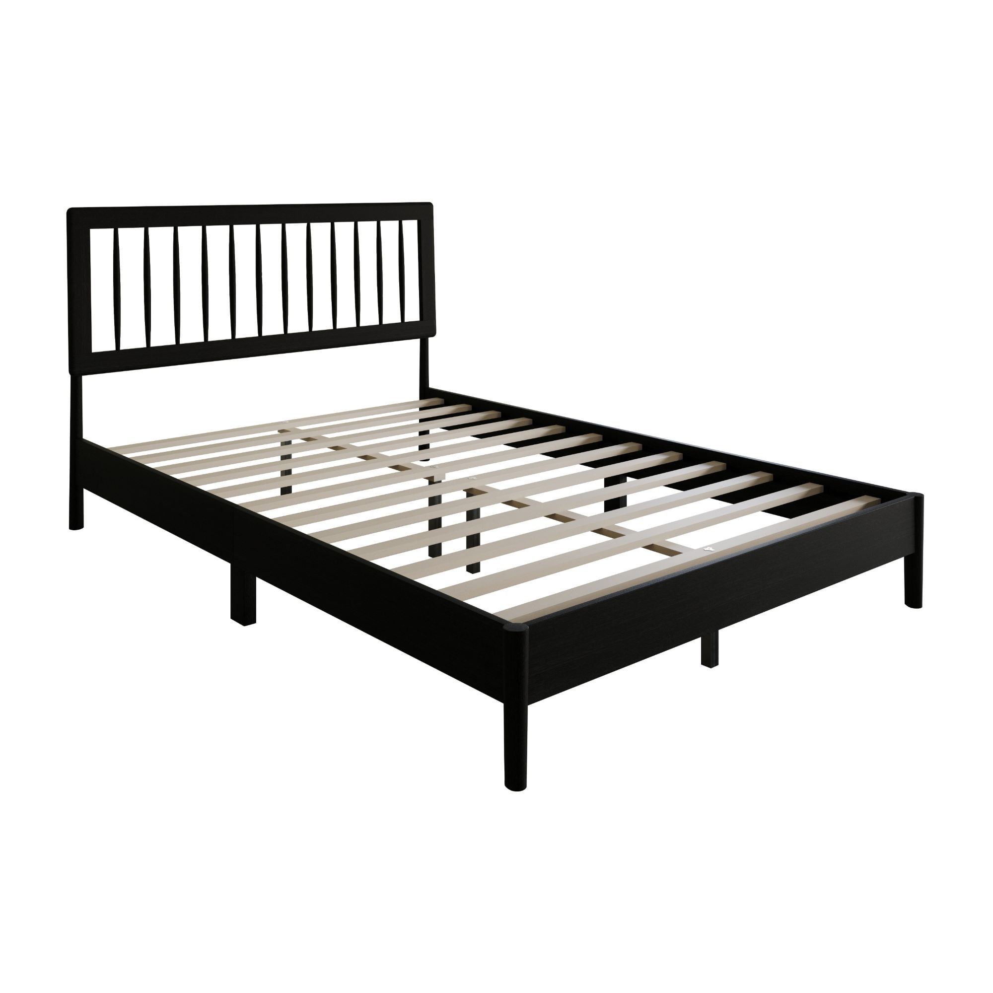 Home Design Galena Full Wood Platform Bed Frame with Vertical Spindle Headboard, Black, Easy Assembly