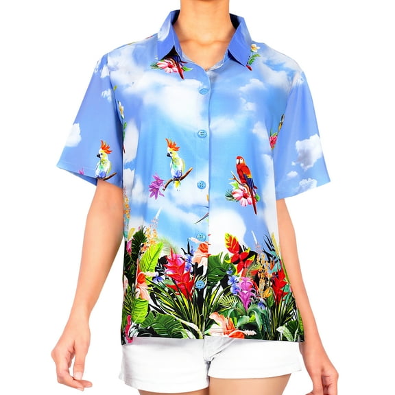 LA LEELA Women's Floral Beach Hawaiian Blouses Shirt T-Shirt Blouse Short Sleeve Button Up Dress Tee Shirts Tops for Women S Cockatoos, Blue
