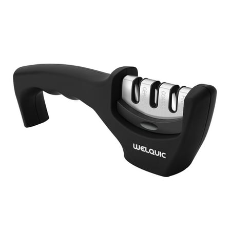 Sharpening Steel Black Handle - WELQUIC Best Manual Stainless Steel Knife Sharpener for Straight and Serrated Knives Ceramic - Easy Sharpening for Dull Steel, Paring, Chefs and Pocket Knives, Sharpens Scissors, 3 Stage