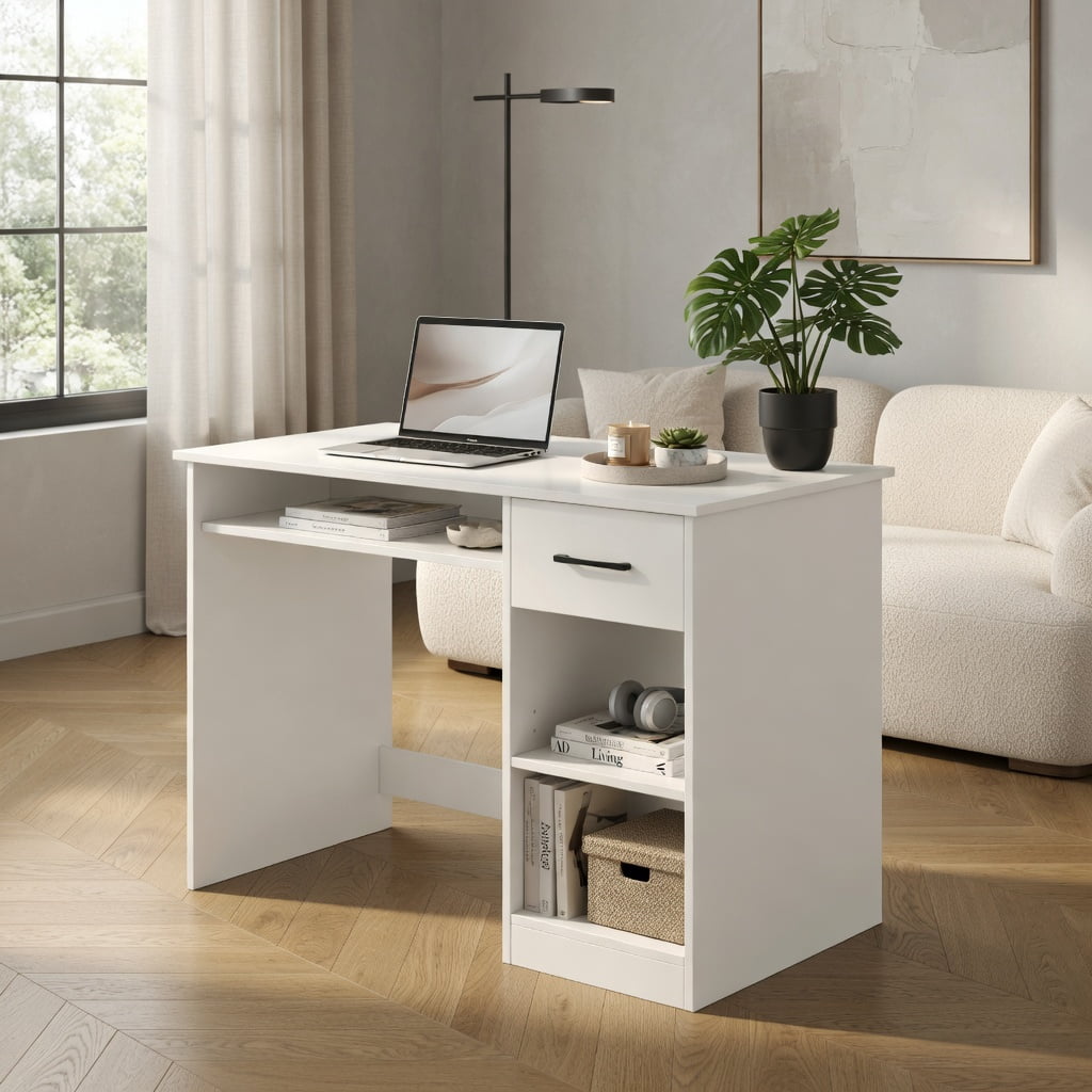 Demi Bonn White Home Office Desk, Keyboard Tray, Reinforced Crossbar, with Charging Station and Adjustable Shelf-White