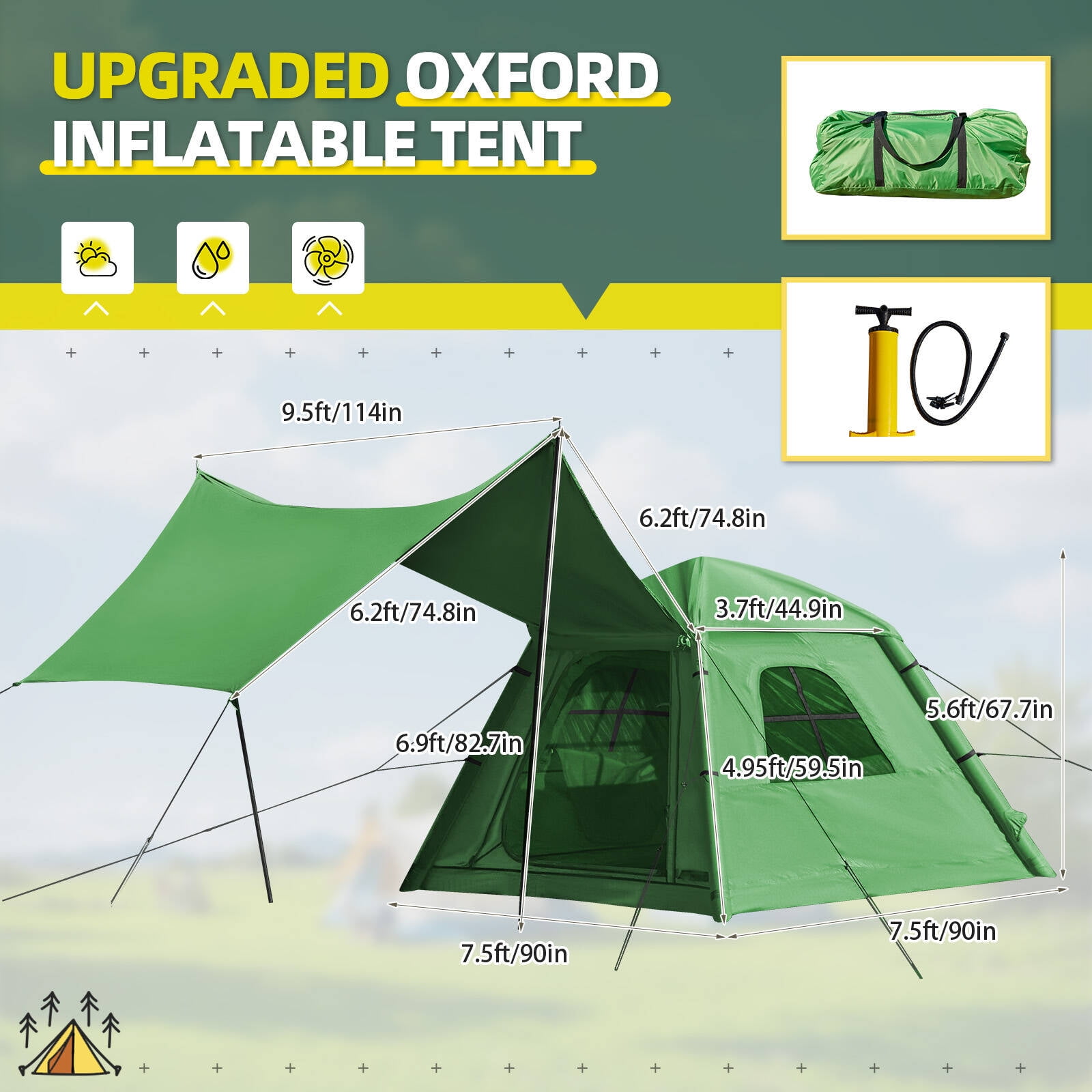 EROMMY Inflatable Camping Tent with Extended Canopy, Easy Set-up 4 Season Air Tents with Inflator for 2-4 Persons，Green