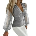 thumbnail image 2 of Women Shirts Women Deep V Neck Tops Slim Fit Puff Long Sleeve Elastic Waist Ruched Wrap Low Cut Blouse Shirt Crop Top,Silver Women Shirts 2XL, 2 of 4