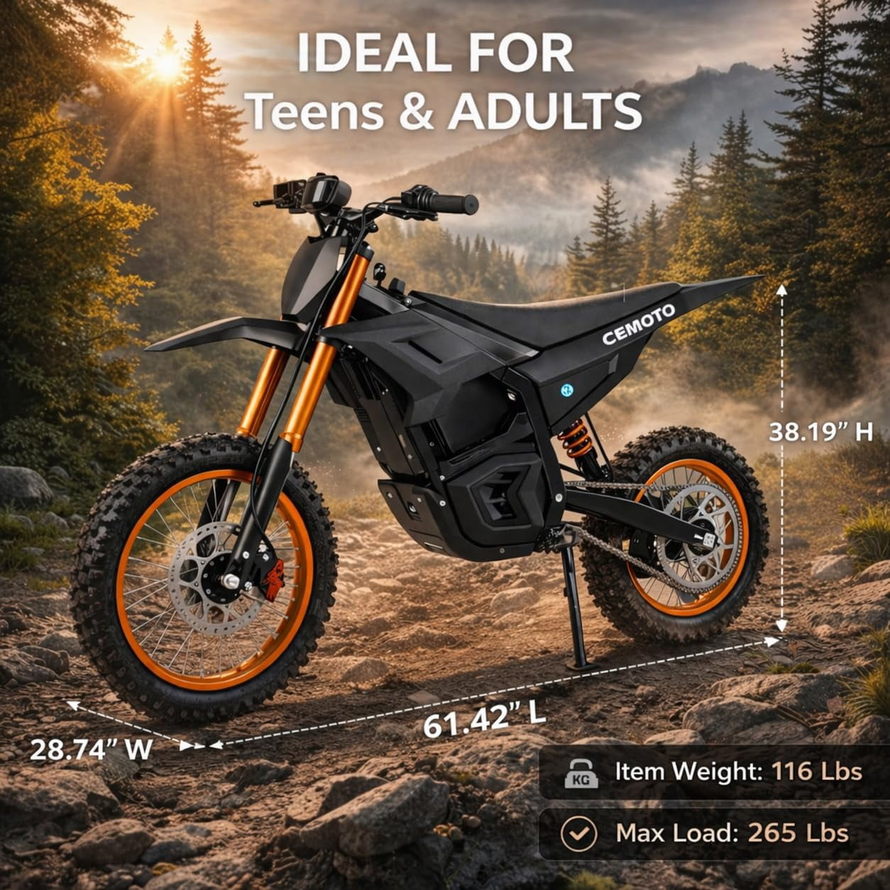 CEMOTO D02 Electric Dirt Bike for Adults, 48V/21A 3000W Motor, 40 mph Max, 25–34 Miles Range, 14”/12” Knobby Tires, 85% Pre-Assembled, Off-Road Trail eBike,UL2849,Orange