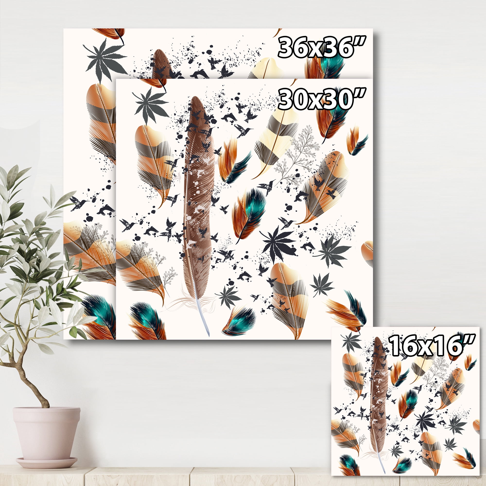 Designart ' Multicolored Feather Pattern With Floral ' Bohemian & Eclectic Canvas Wall Art Print