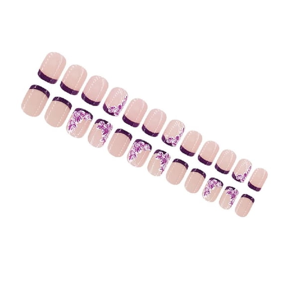 JZROCKER 24 Pcs Flowers Artificial Nails French Tip Press On Nails Short Square Stick On Nails Glossy False Nails for Party