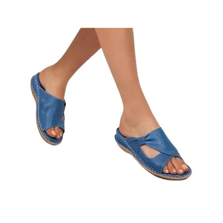 

Daeful Ladies Slides Summer Wedge Sandals Slip On Beach Shoes Indoor Outdoor Comfort Vintage Platform Slide Slippers Blue 7