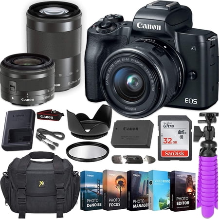Canon EOS M50 Mirrorless Digital Camera w/ 2 Canon Lenses (15-45mm f/3.5-6.3 is STM and 55-200mm f/4.5-6.3 is STM)+ Photo/Video Editing Software & Deluxe Accessory Kit
