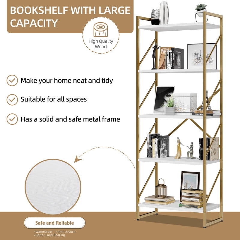 Walsunny Bookshelves Wooden Bookcases 5 Tiers H-Shaped Bookshelf with 5 Open Display Shelves Gold