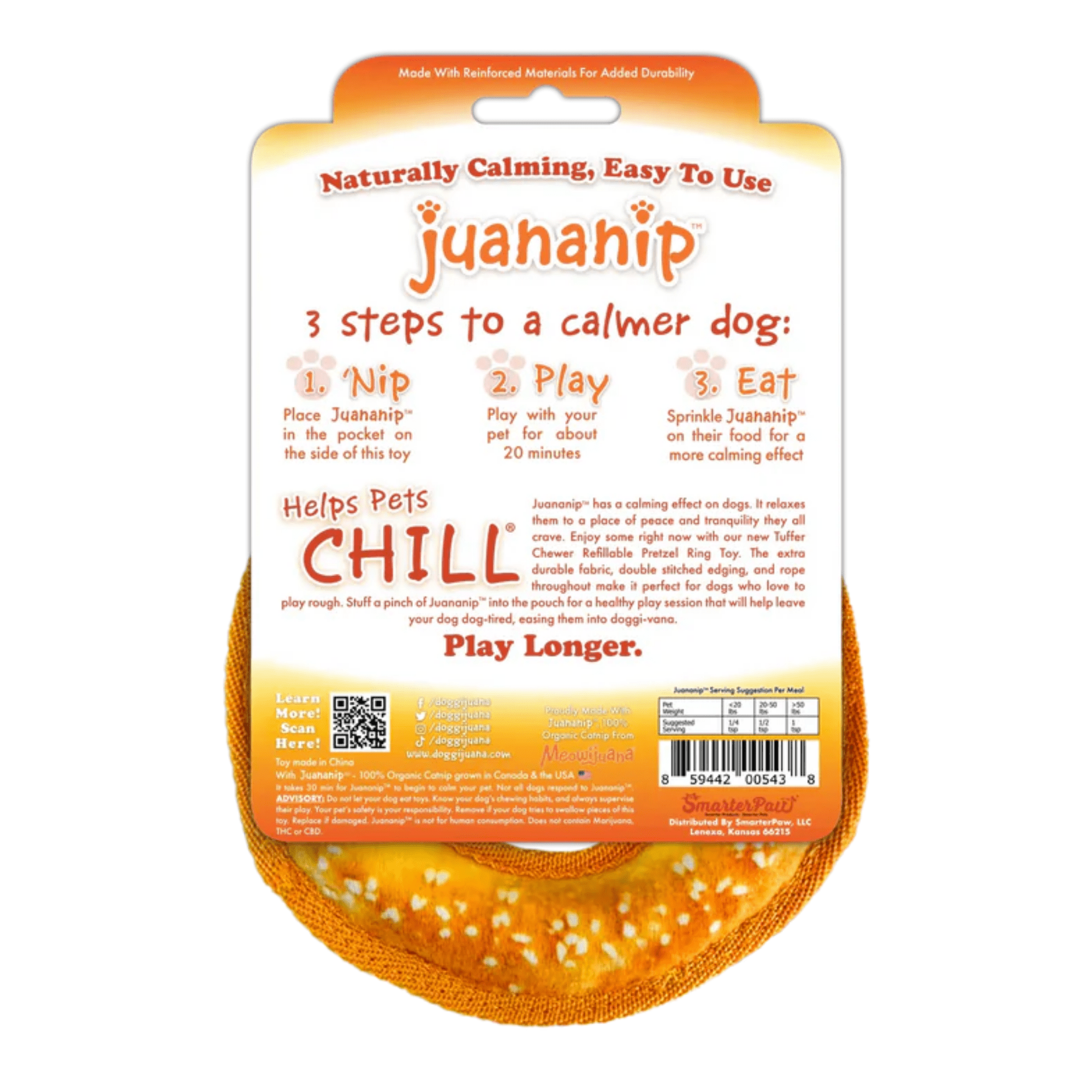 Doggijuana Tuffer Chewer Plush Dog Toy with Juananip Catnip, Squeaky Refillable Toy, Pretzel Ring