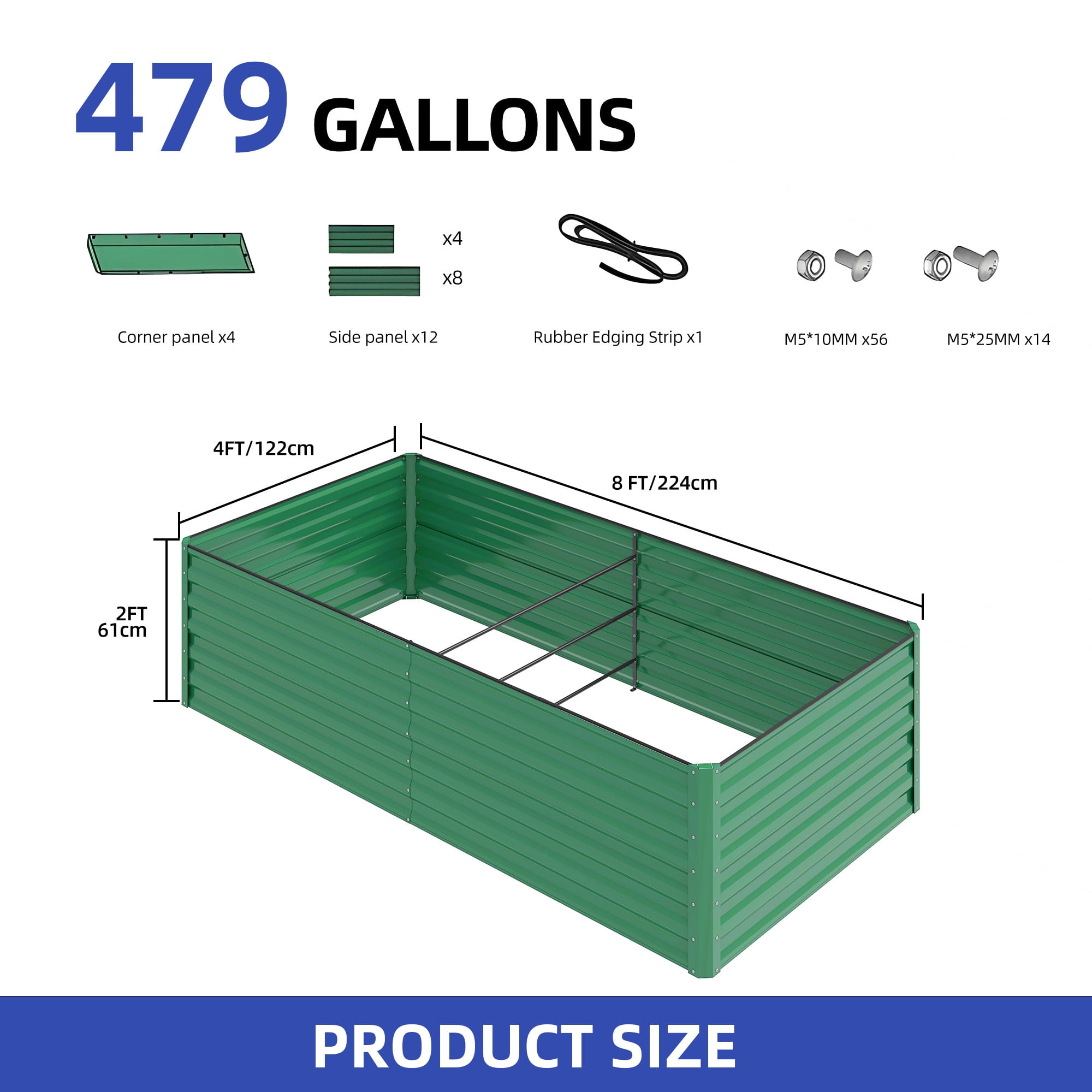 Uforic 2PCS 8X4X2FT Galvanized Metal Raised Garden Bed with Gardening Gloves, Ground Nails, Support Rod & Safety Rubber, Outdoor Above Ground Planter for Plants Vegetables Flowers, Green